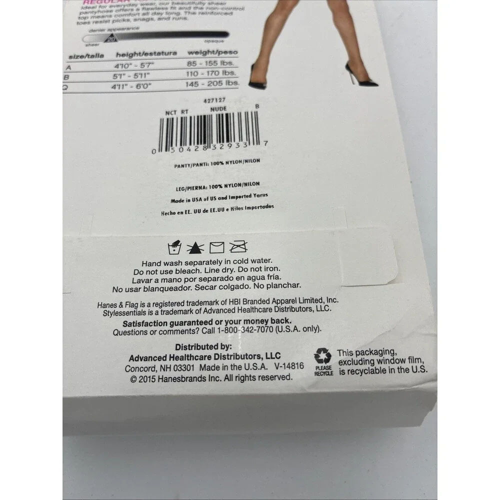Hanes Regular Top Pantyhose Reinforced Toe Sheer Leg Size B Nude (2 Pair)